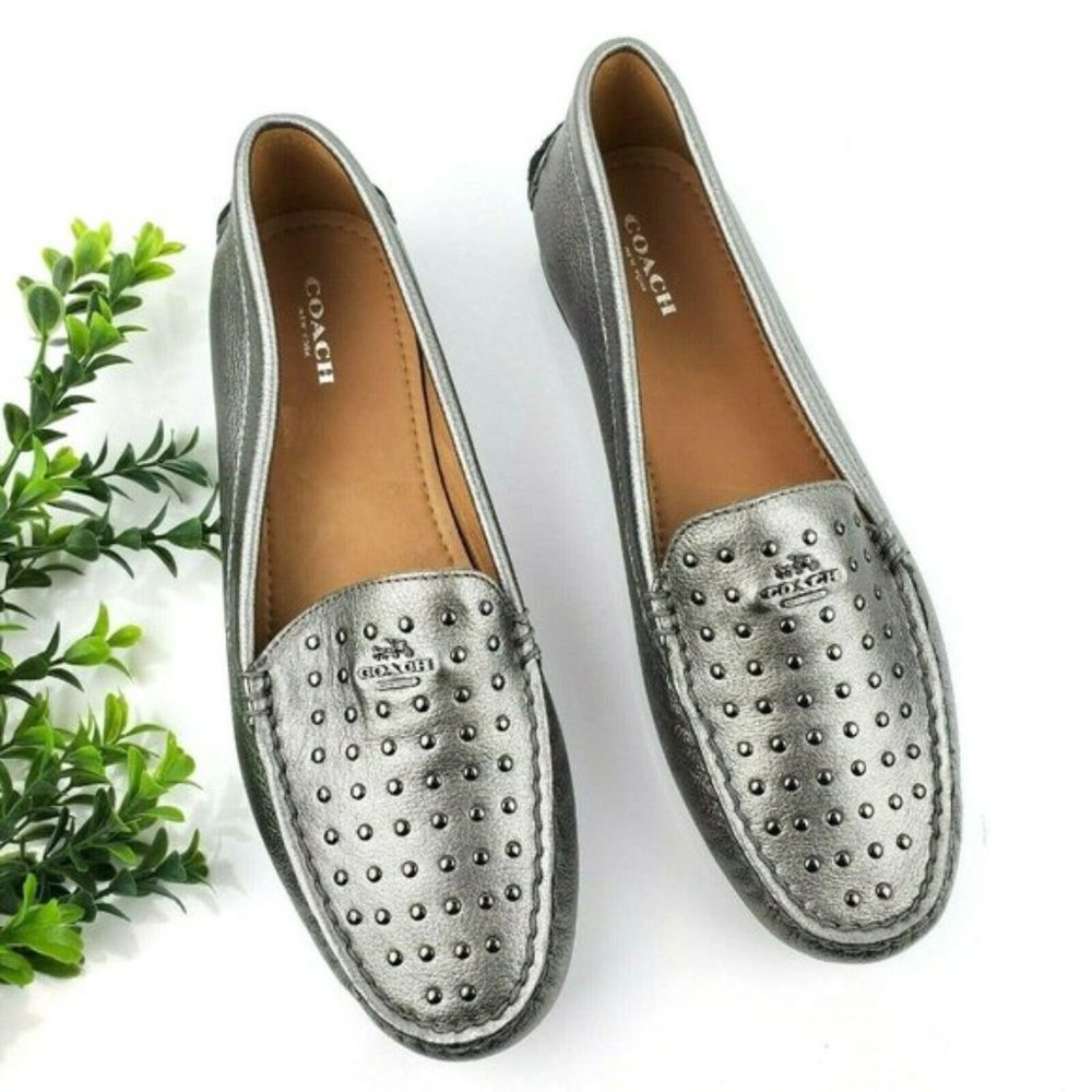 COACH Sz 6 Orlene Silver Leather Studded Loafer Slip On Driving Shoe Flat